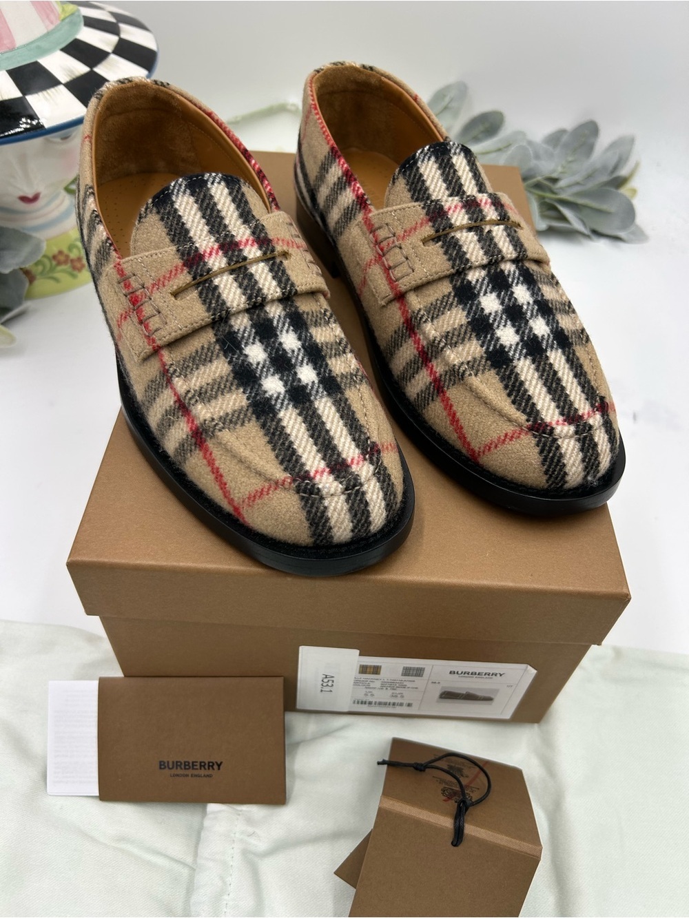 Women's Burberry HACKNEY wool check loafers size 38.5 made in Italy